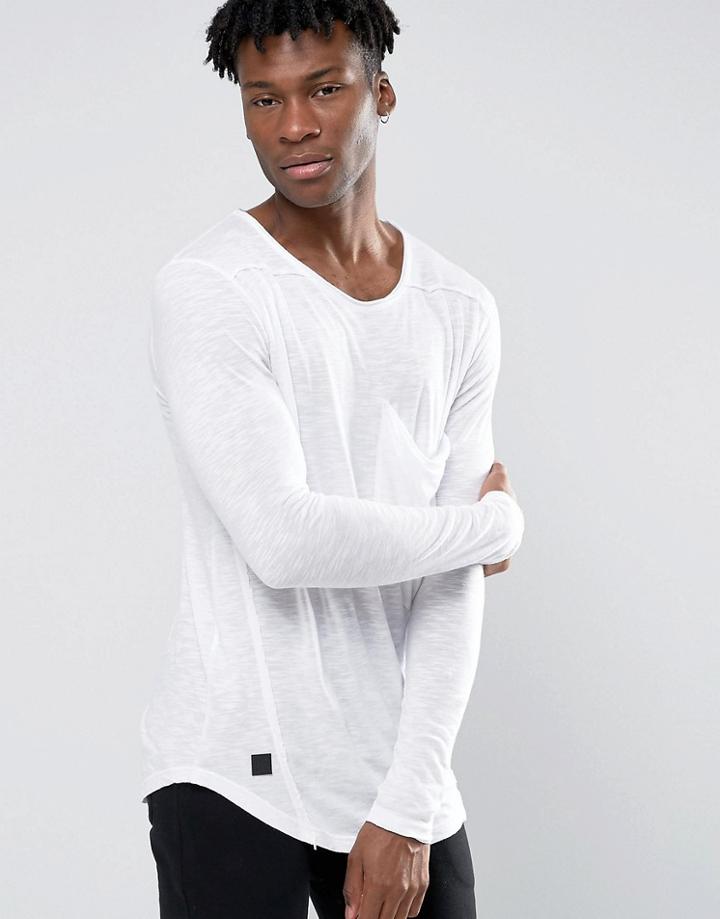 Black Kaviar Longline Long Sleeve T-shirt With Big Pocket - White