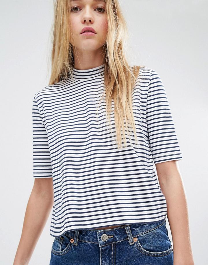 Monki Stripe High Neck Boxy Top - Dark Blue Stripe