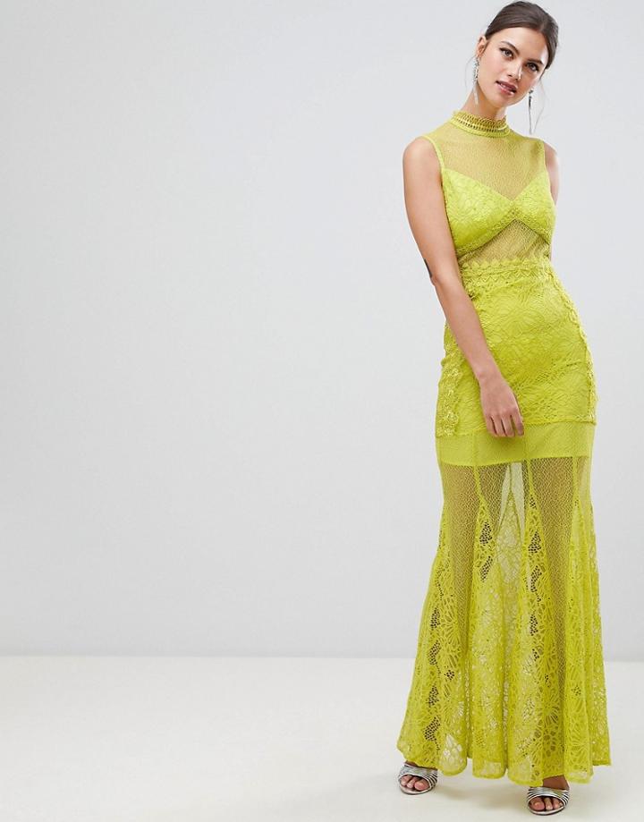 True Decadence Sheer Lace Maxi Dress With High Neck Detail - Green