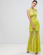 True Decadence Sheer Lace Maxi Dress With High Neck Detail - Green