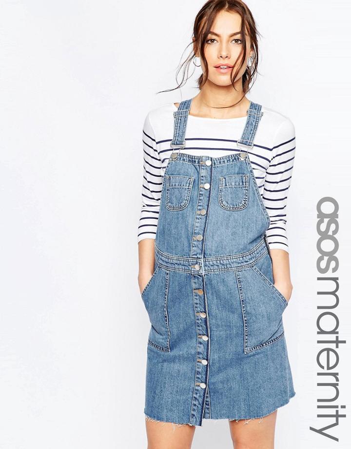 Asos Maternity Denim Mini Pinafore Dress With Raw Hem - Blue