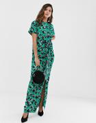 Liquorish Thigh Split Maxi Dress In Green Leopard