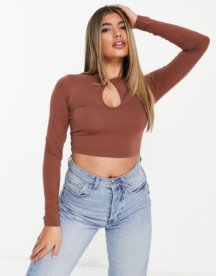 Asos Design Long Sleeve Crop Top With Keyhole Cut Out In Toffee-brown