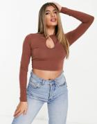 Asos Design Long Sleeve Crop Top With Keyhole Cut Out In Toffee-brown