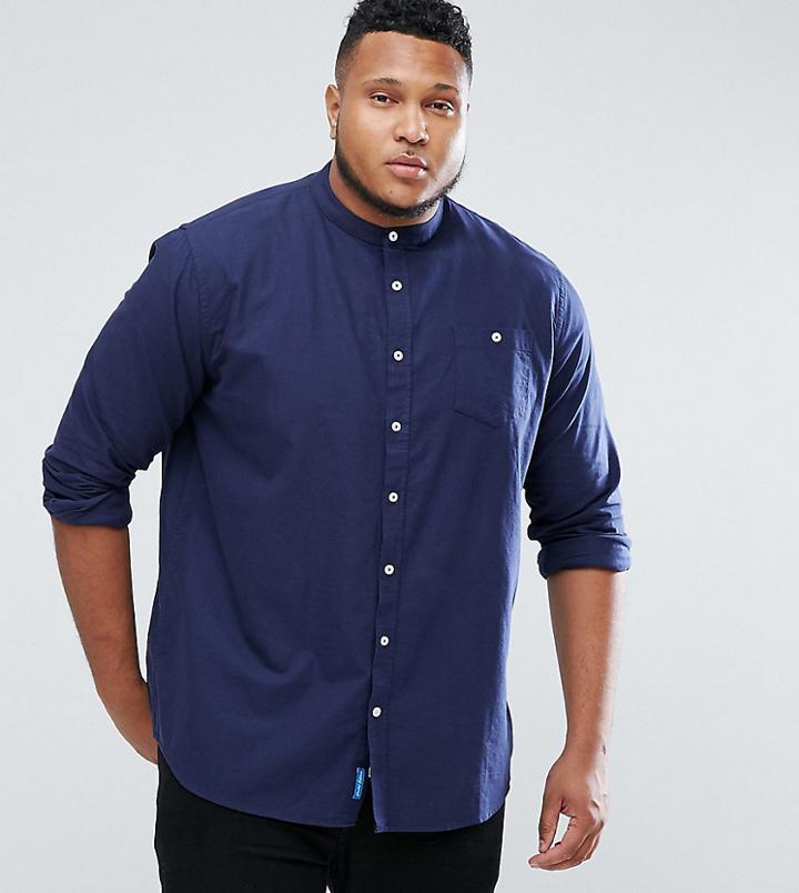 Duke Plus Oxford Shirt With Grandad Collar In Navy - Navy