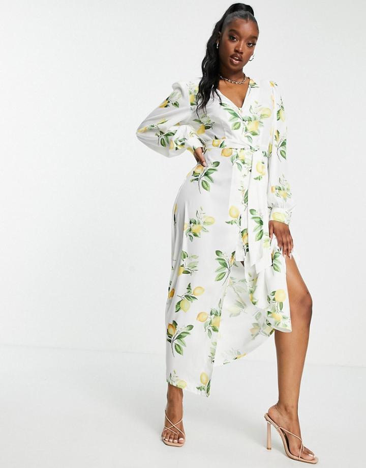 In The Style X Stacey Solomon Tie Detail Midi Dress In Summer Lemon Print-multi