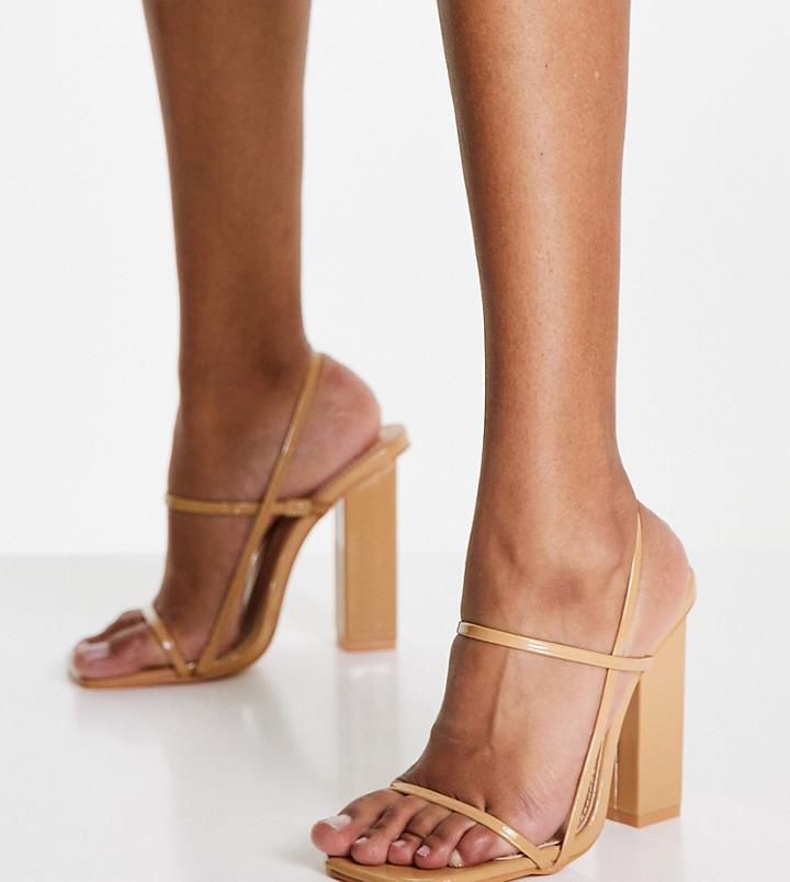 Public Desire Wide Fit Halley Block Heel Sandals In Camel Patent-neutral