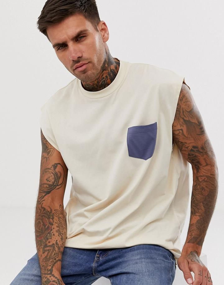 Asos Design Oversized Sleeveless T-shirt With Contrast Pocket In Beige