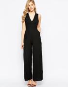 Love Jersey Jumpsuit With Cross Front And Flared Legs - Black