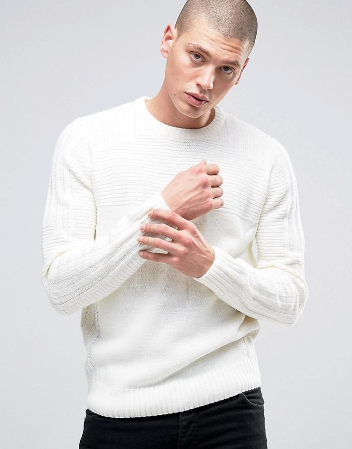 D-struct Ribbed Semi Plain Crew Neck Sweater - Cream
