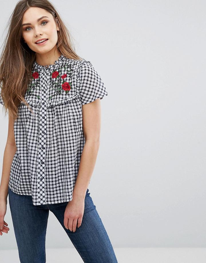 New Look Embroidered Gingham Shirt - White