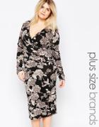 Club L Plus Wrap Front Midi Dress In Artistic Floral Print - Black