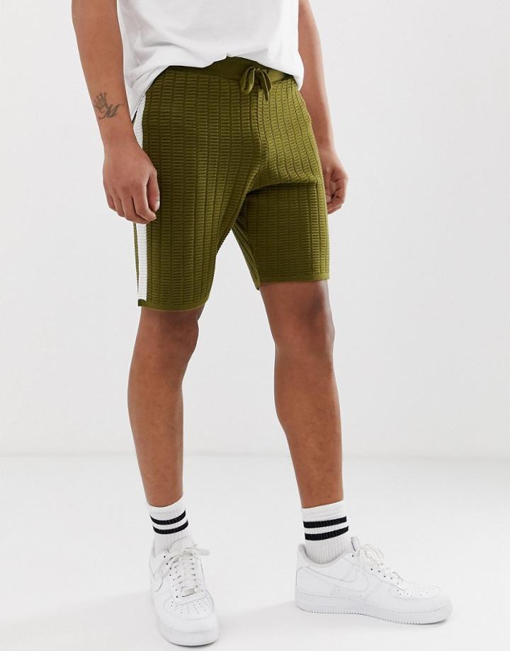 Asos Design Knitted Textured Shorts In Khaki - Green