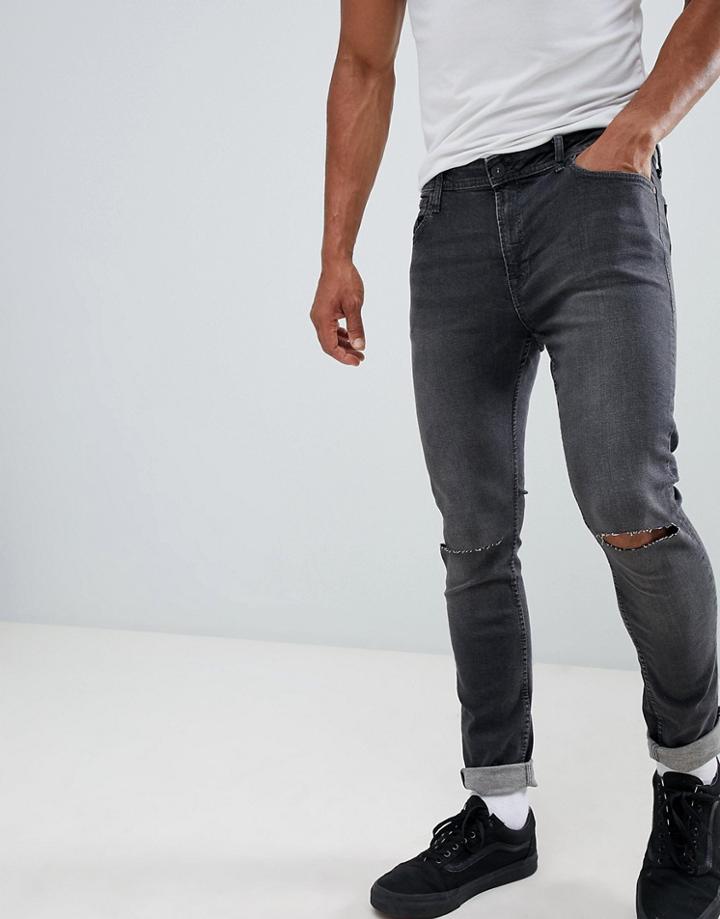 Jack & Jones Skinny Jeans With Rip Knee In Dark Gray Denim - Gray
