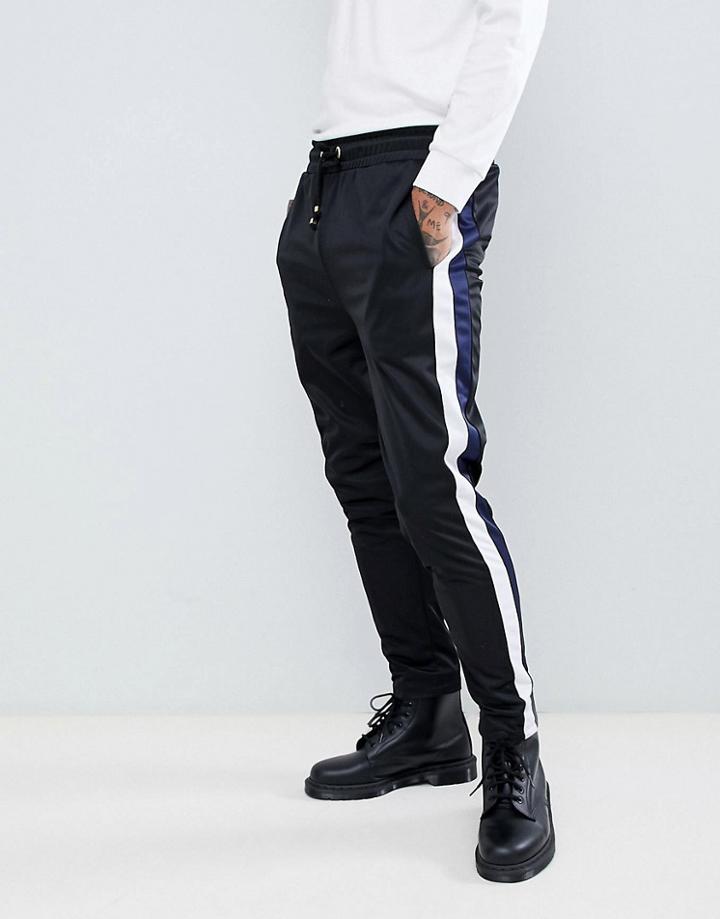 Criminal Damage Skinny Joggers In Black With Blue Side Stripe - Black