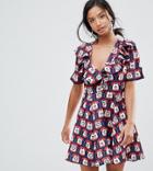 Sister Jane Petite Telephone Print Tea Dress With Frills - Navy