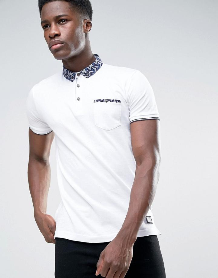 Brave Soul Contrast Feather Print Collar Polo - White