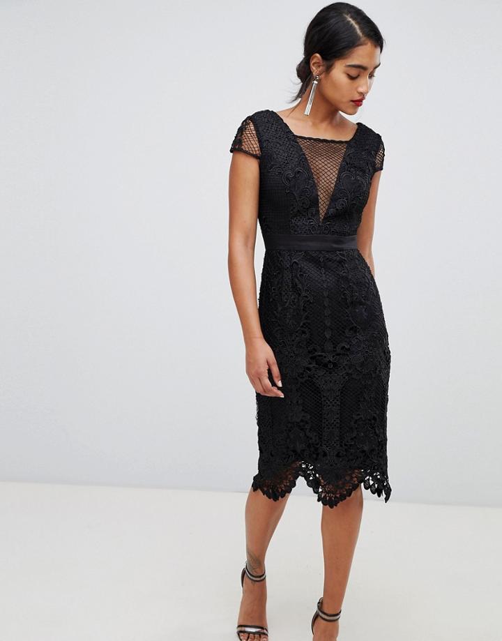 Chi Chi London Lace Pencil Dress With V Neck In Black - Black