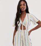 Influence Tall Tie Front Romper In Natural Stripe - Multi