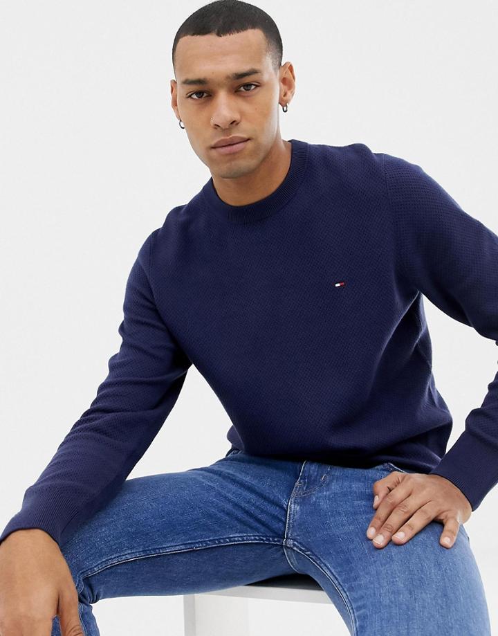 Tommy Hilfiger Cotton Mesh Textured Crew Neck Knit Sweater Icon Logo In Navy - Navy