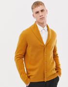 Asos Design Lambswool Shawl Cardigan In Mustard-yellow