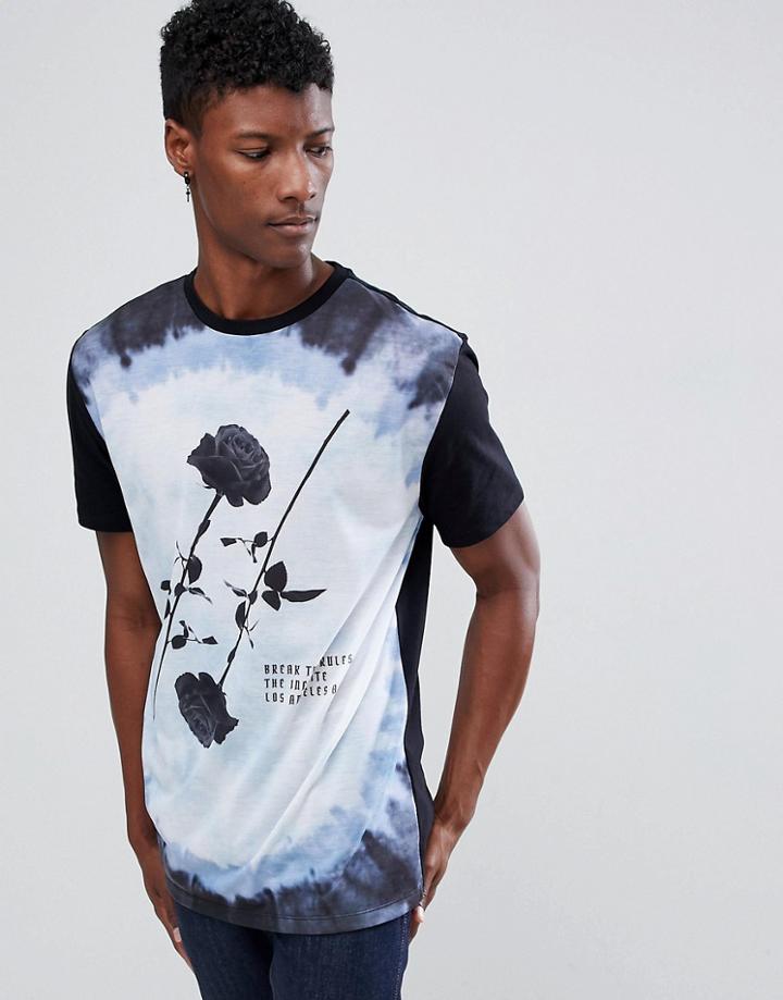 Asos Design Relaxed Longline T-shirt With Rose Print And Wash Effect - Black