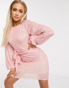 Club L London Sequin High Neck Long Sleeve Belted Mini Dress In Coral-pink
