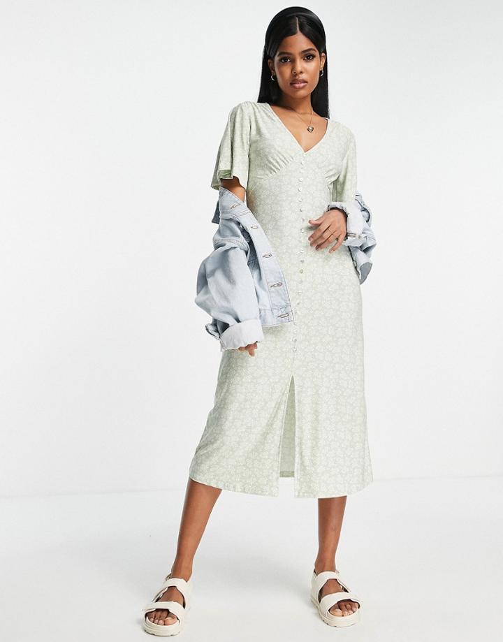 Qed London Soft Touch Button Up Angel Sleeve Midi Dress In Sage Floral Print-green