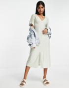 Qed London Soft Touch Button Up Angel Sleeve Midi Dress In Sage Floral Print-green