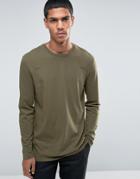 Asos Longline Long Sleeve T-shirt With Tape Details - Green