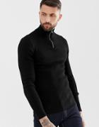 Asos Design Muscle Fit Ribbed Half Zip Sweater In Black - Black