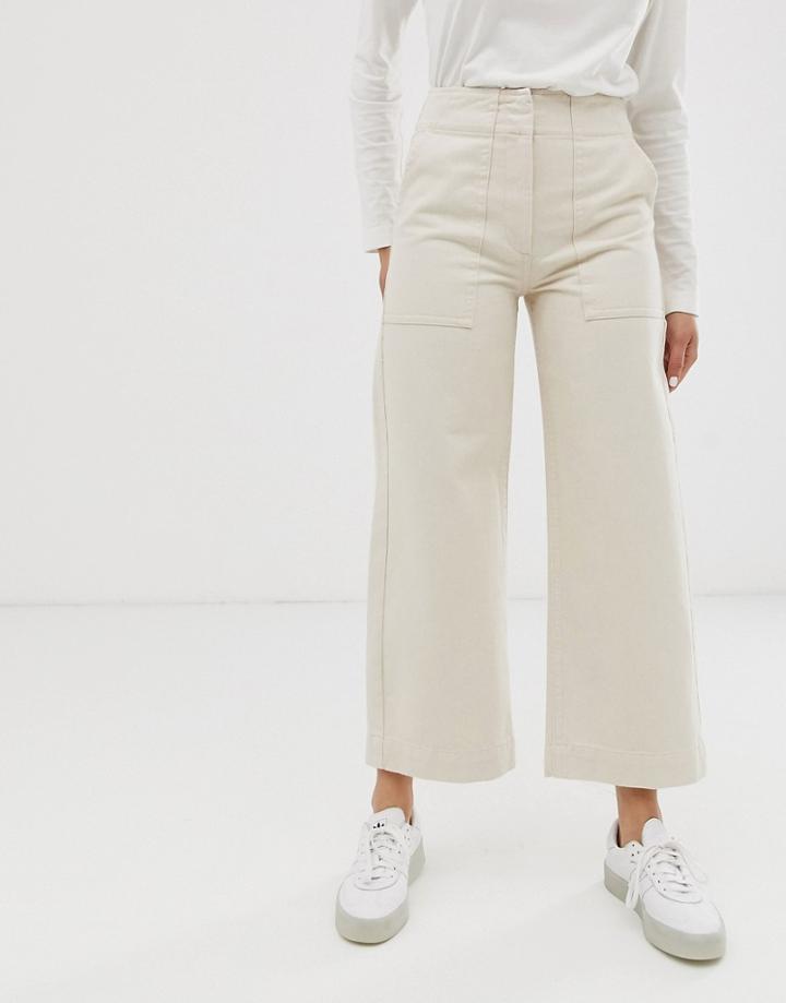 Asos Design Cropped Wide Leg Carpenter Jeans With Contrast Stitch In Ecru-cream
