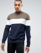 New Look Color Block Sweater With Turtleneck In Navy And Khaki - Navy