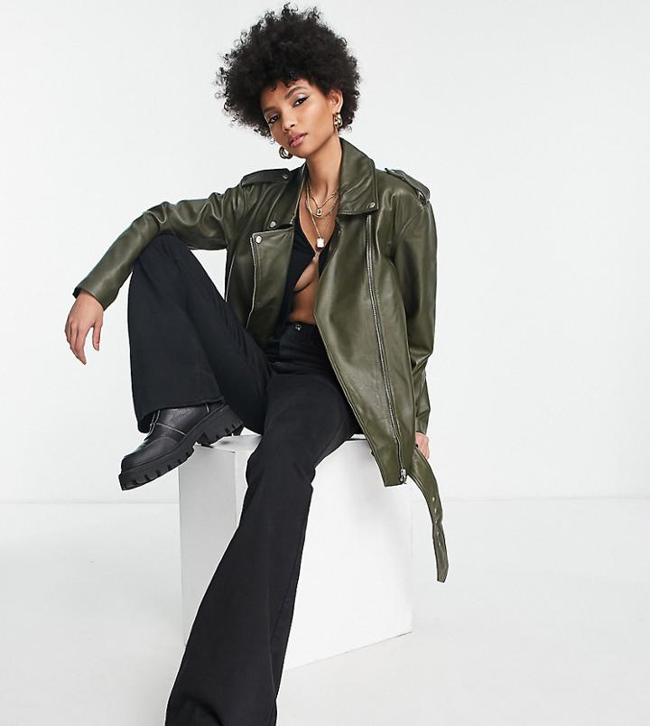 Asos Design Tall Leather Jacket In Khaki-green