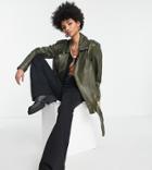 Asos Design Tall Leather Jacket In Khaki-green