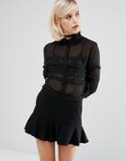 Lost Ink Sheer Shirt With Frill Detail - Black