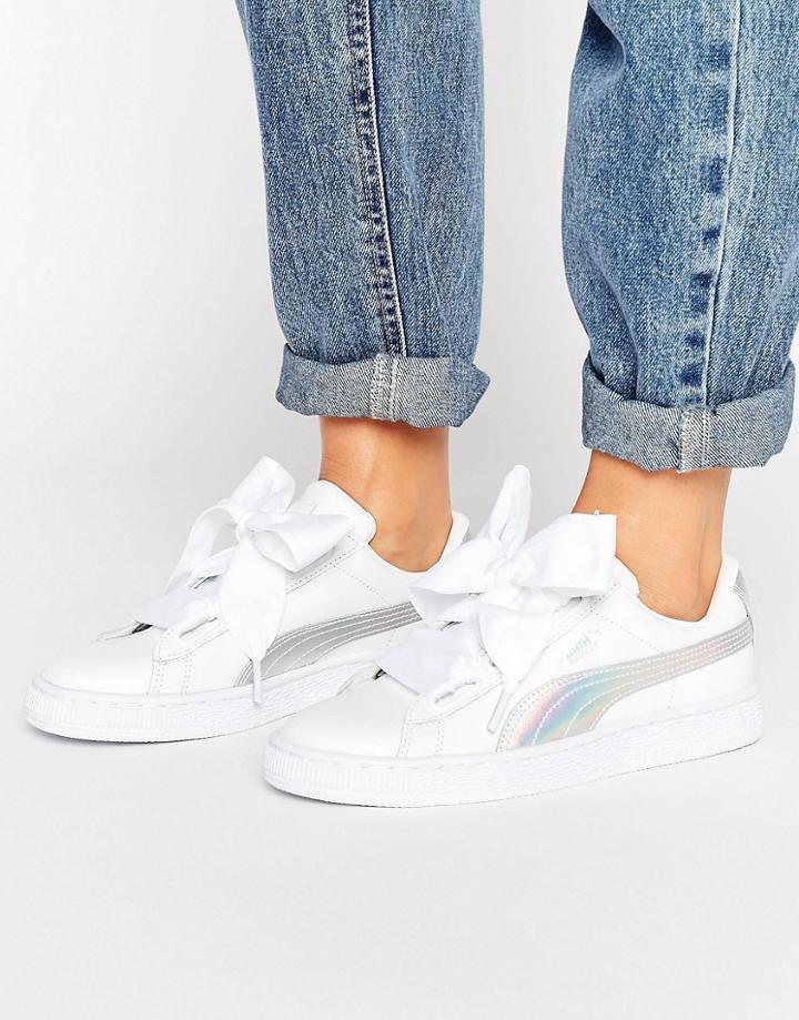 Puma Basket Heart Sneakers With Iridescent Detail - White