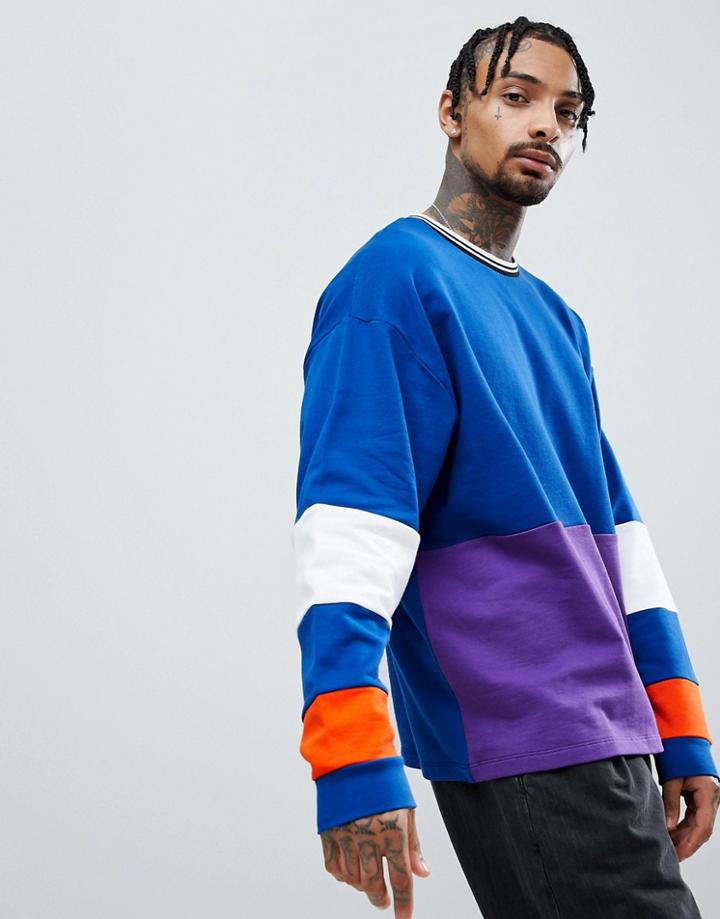 Asos Oversized Sweatshirt With Color Block And Tipped Rib Collar - Blue