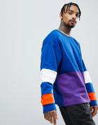 Asos Oversized Sweatshirt With Color Block And Tipped Rib Collar - Blue