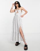 Asos Design Broderie Tiered Maxi Dress With Halter Cut Out In White With Black Contrast