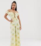 Asos Design Petite Off Shoulder Lemon Print Jumpsuit With Lace Up Detail-multi