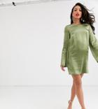 Asos Design Tall Long Sleeve Satin Shift Mini Dress In Washed Satin-green
