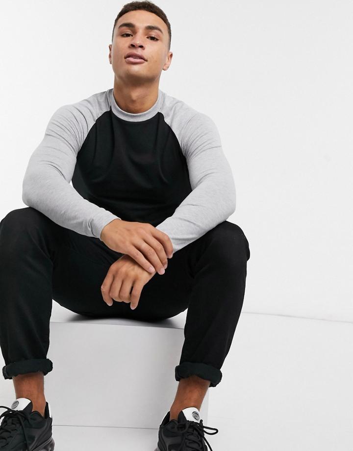 Asos Design Muscle-fit Long Sleeve Raglan T-shirt In Black With Contrast Sleeves In Gray Marl-multi