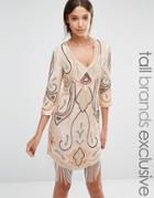 Maya Tall 1/2 Sleeve Plunge Mini Dress With All Over Embellishment And Tassle Hem - Multi