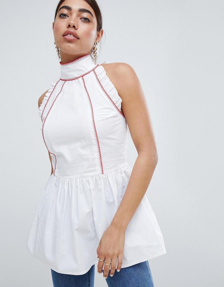 Lost Ink High Neck Smock Top With Contrast Trims - White