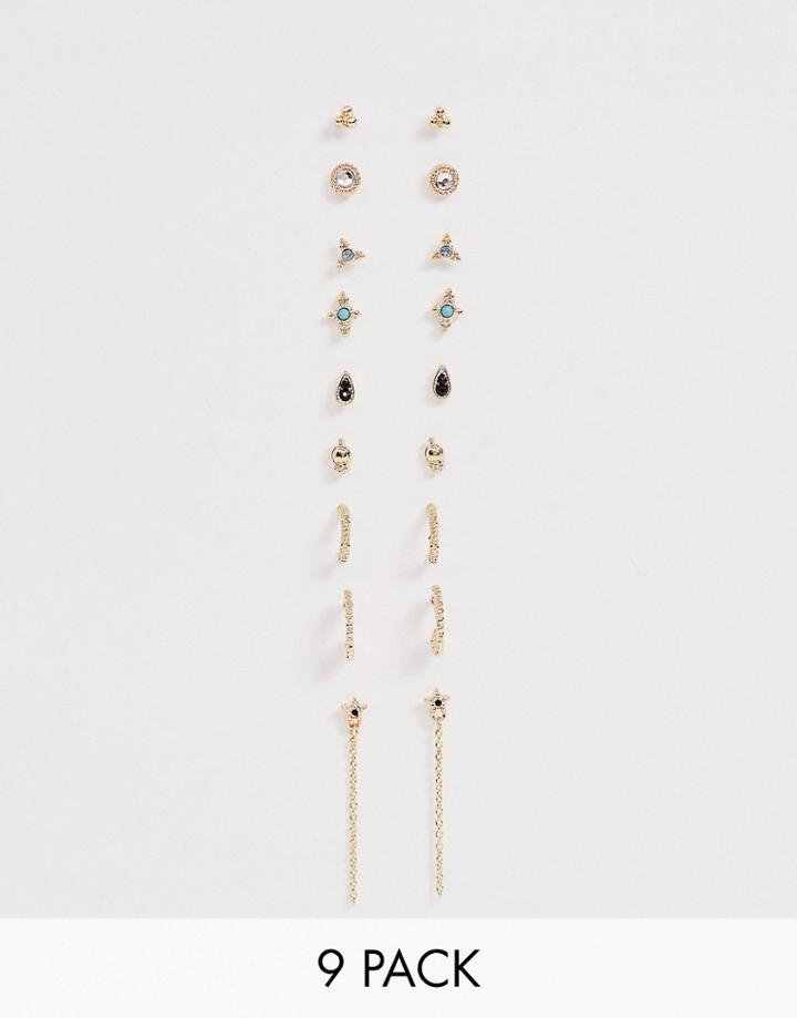 Asos Design Pack Of 9 Earrings With Stone Set Studs And Engraved Hoops In Gold Tone - Gold