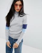 Asos Sweater In Metallic With Zip Detail And Stripe Sleeve - Silver