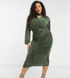 Asos Design Curve Choker Ruched Long Sleeve Midi Dress In Dark Olive-green