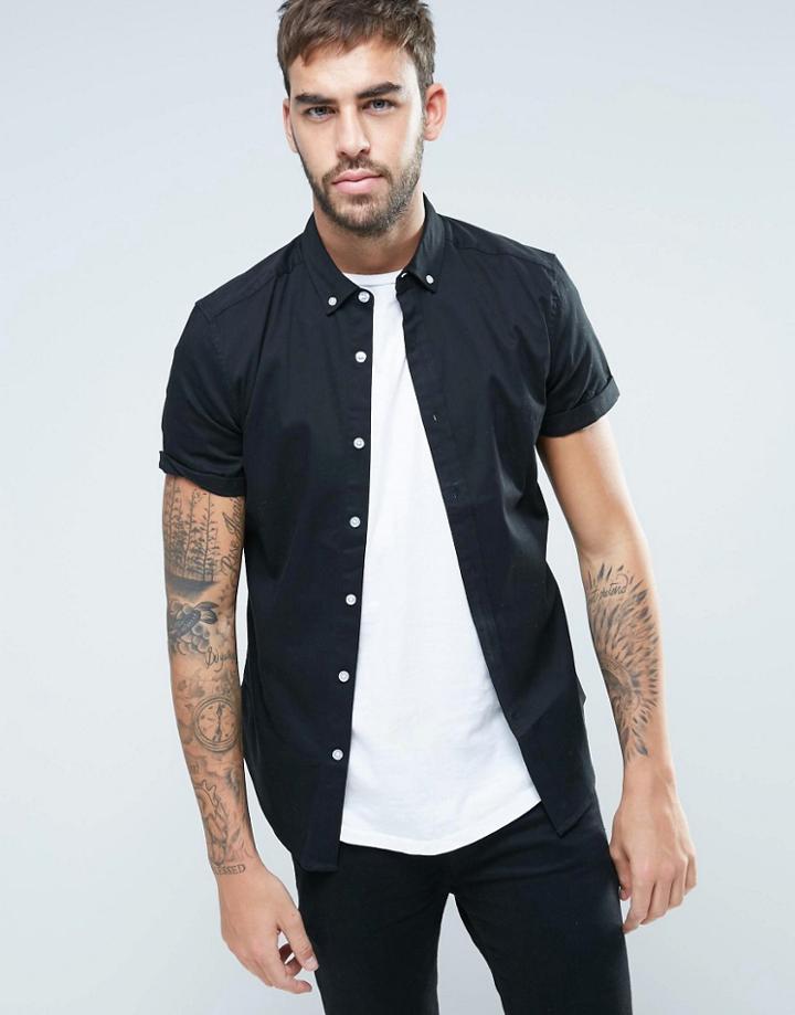 Asos Skinny Twill Shirt In Black - Black