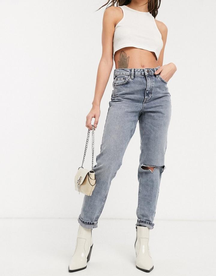 Topshop Double Knee Rip Mom Jeans In Smoke-grey
